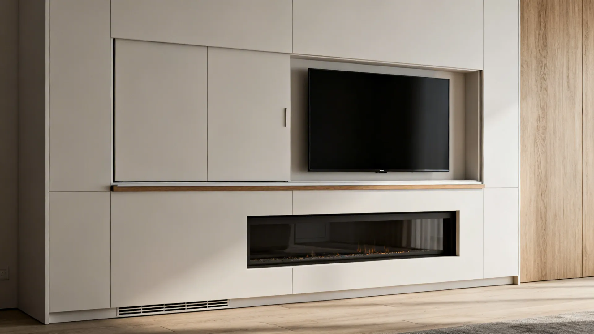 Minimalist corner built-in with sliding panels that hide a TV above the fireplace.