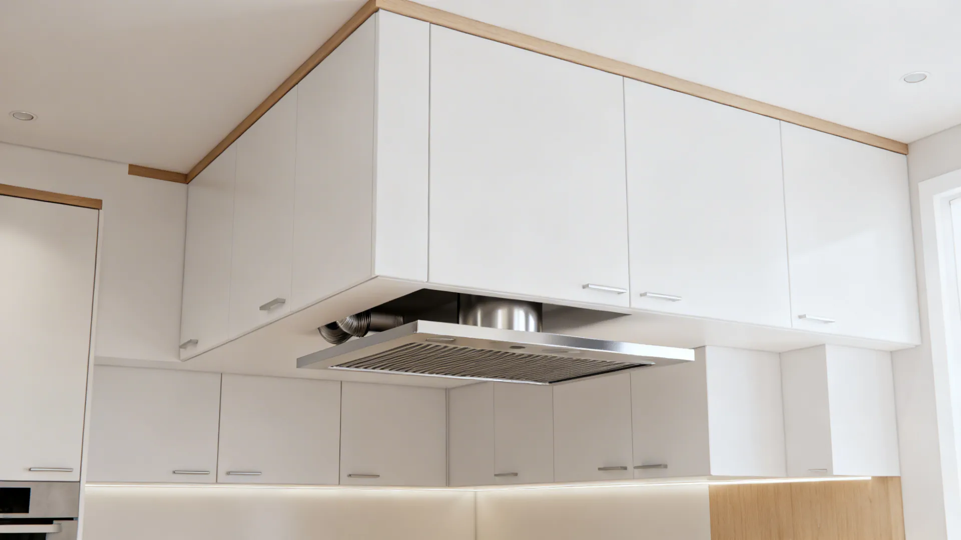 Built-in under-cabinet chimney integrated flush with overhead cabinets in a compact kitchen.