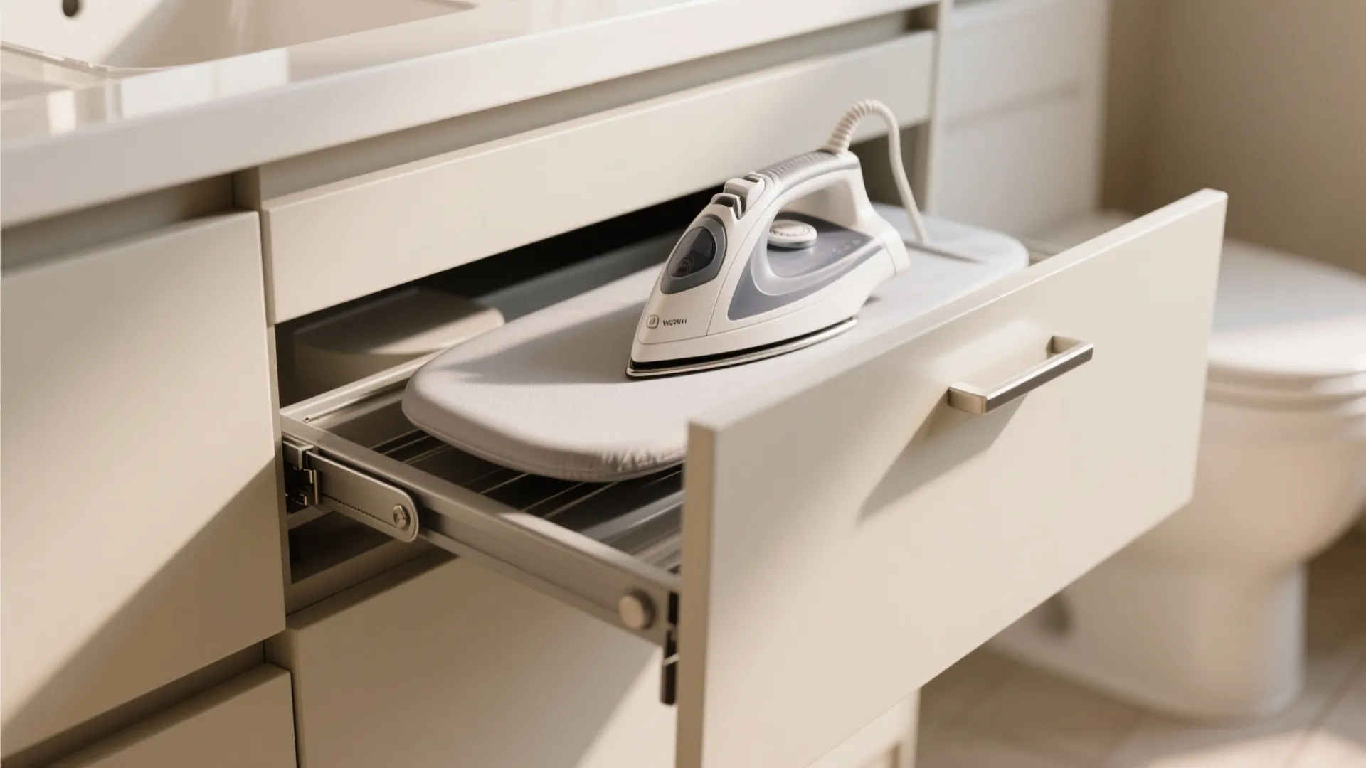 Pull out drawer in a bathroom cabinet with a built in ironing board and iron
