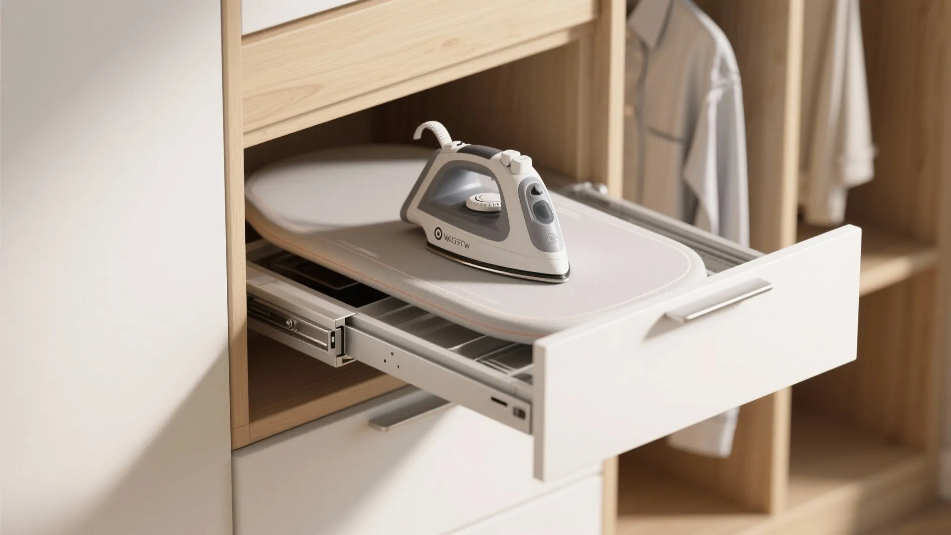A steam iron sitting on a pull-out ironing board stored inside a white laundry cabinet