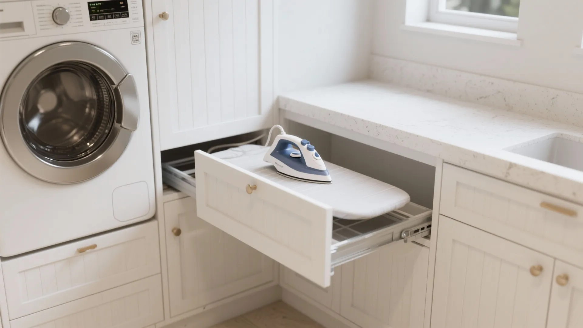 White laundry room cabinet with a built in pull out ironing board and blue iron
