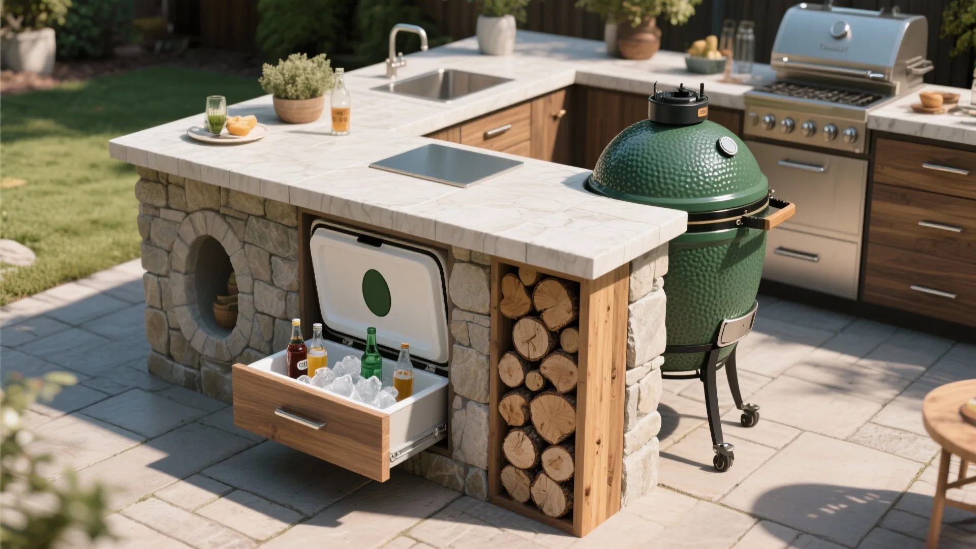 Built-in island with cooling and wood storage