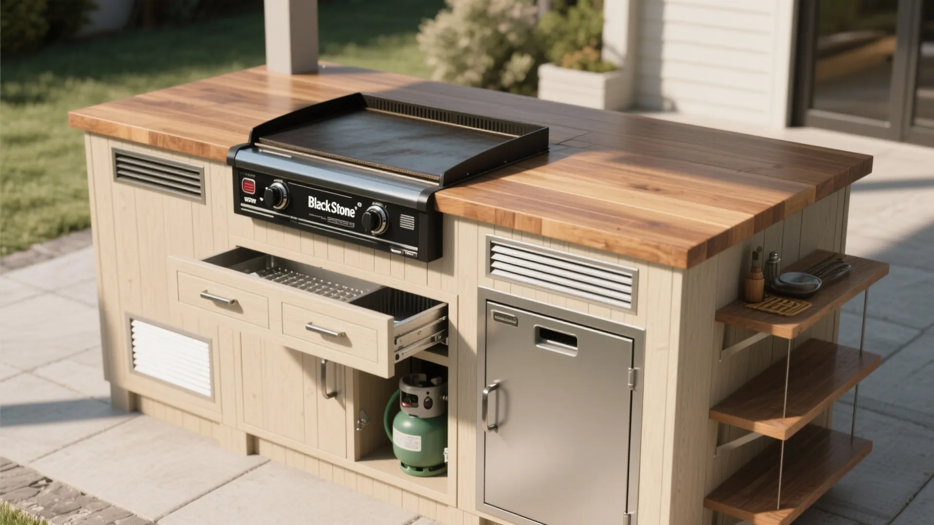 Outdoor kitchen island with wooden countertop and integrated griddle showing storage drawers and gas tank