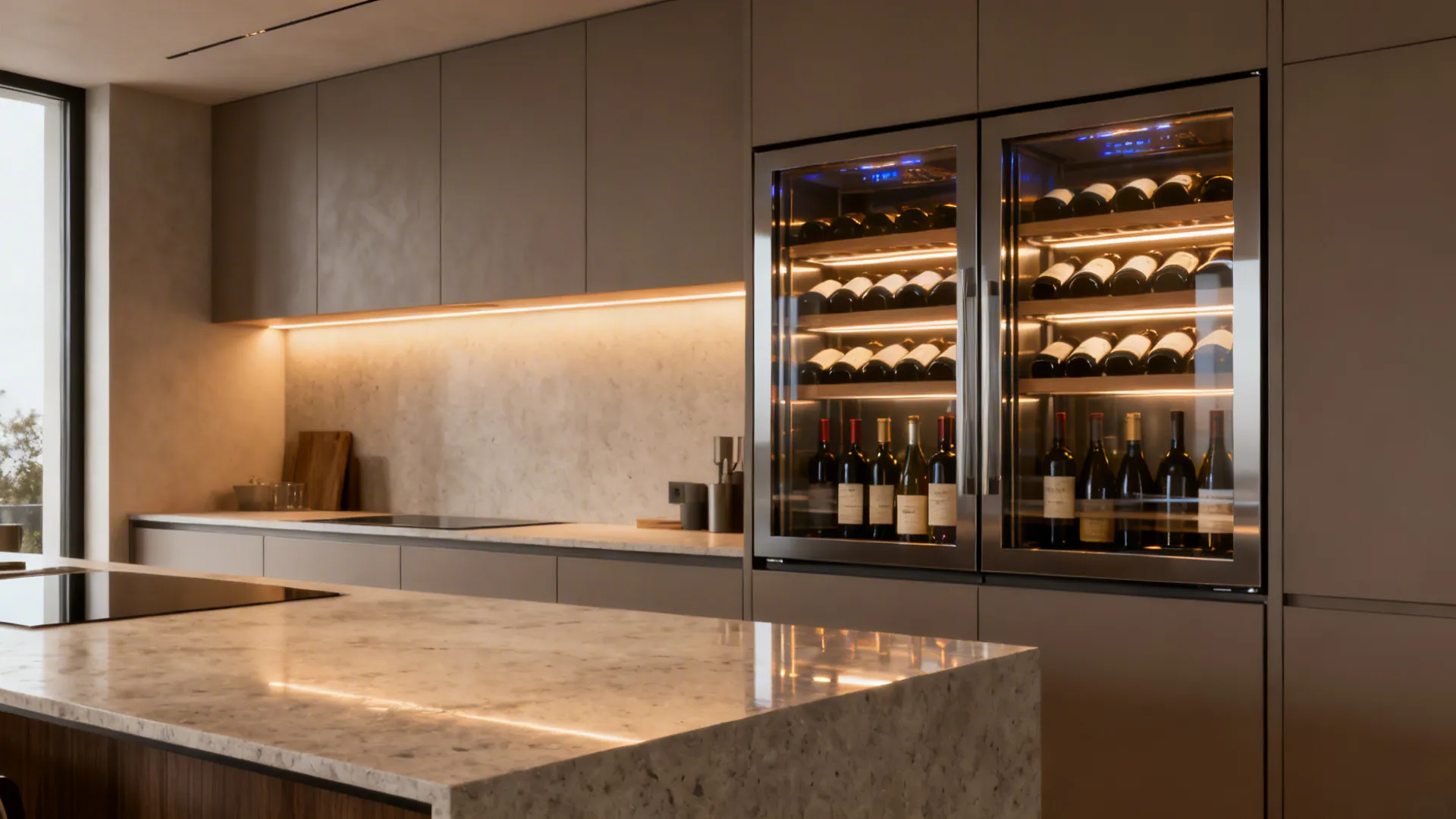 Built-in glass-front climate-controlled wine cabinet integrated into modern kitchen cabinetry.