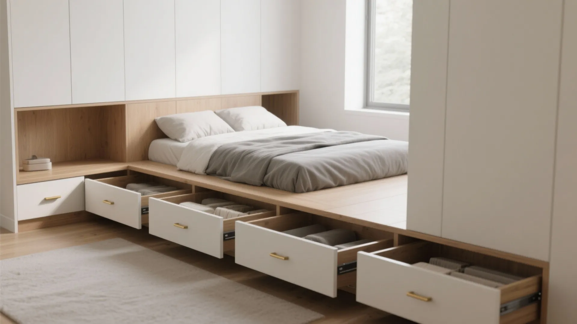 Wooden platform bed with white storage drawers underneath and white built-in wall cabinets in bedroom