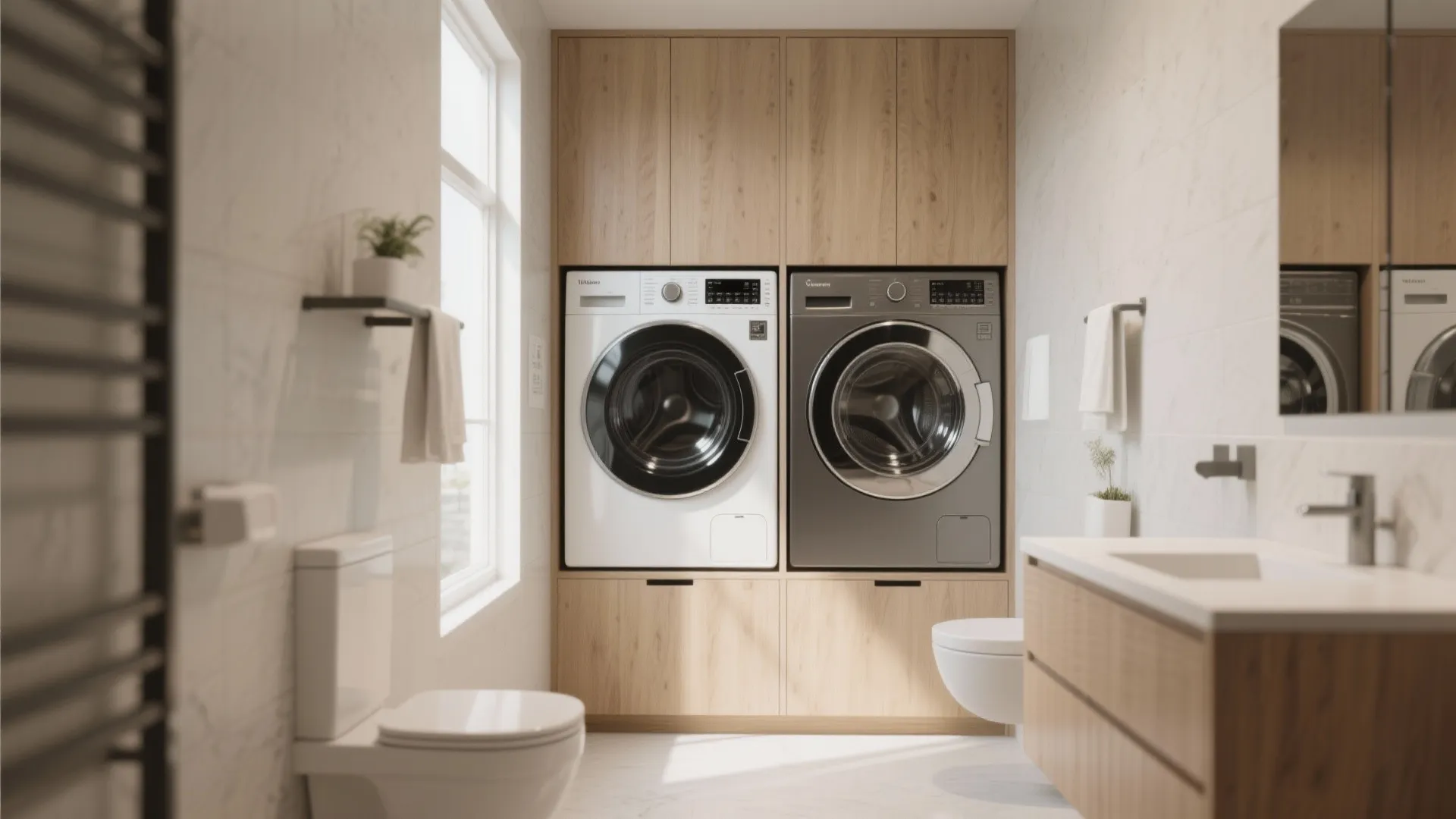 Cabinet doors concealing laundry machines in bathroom