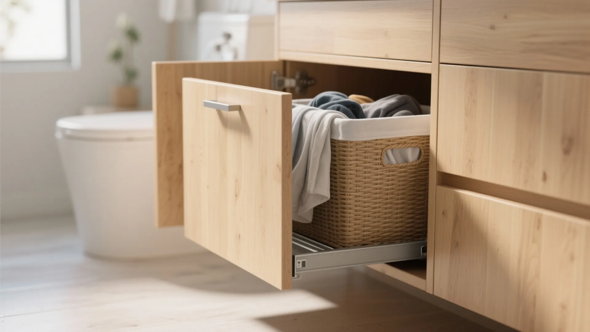 Wooden bathroom cabinet with pull out drawer containing a woven laundry basket for dirty clothes