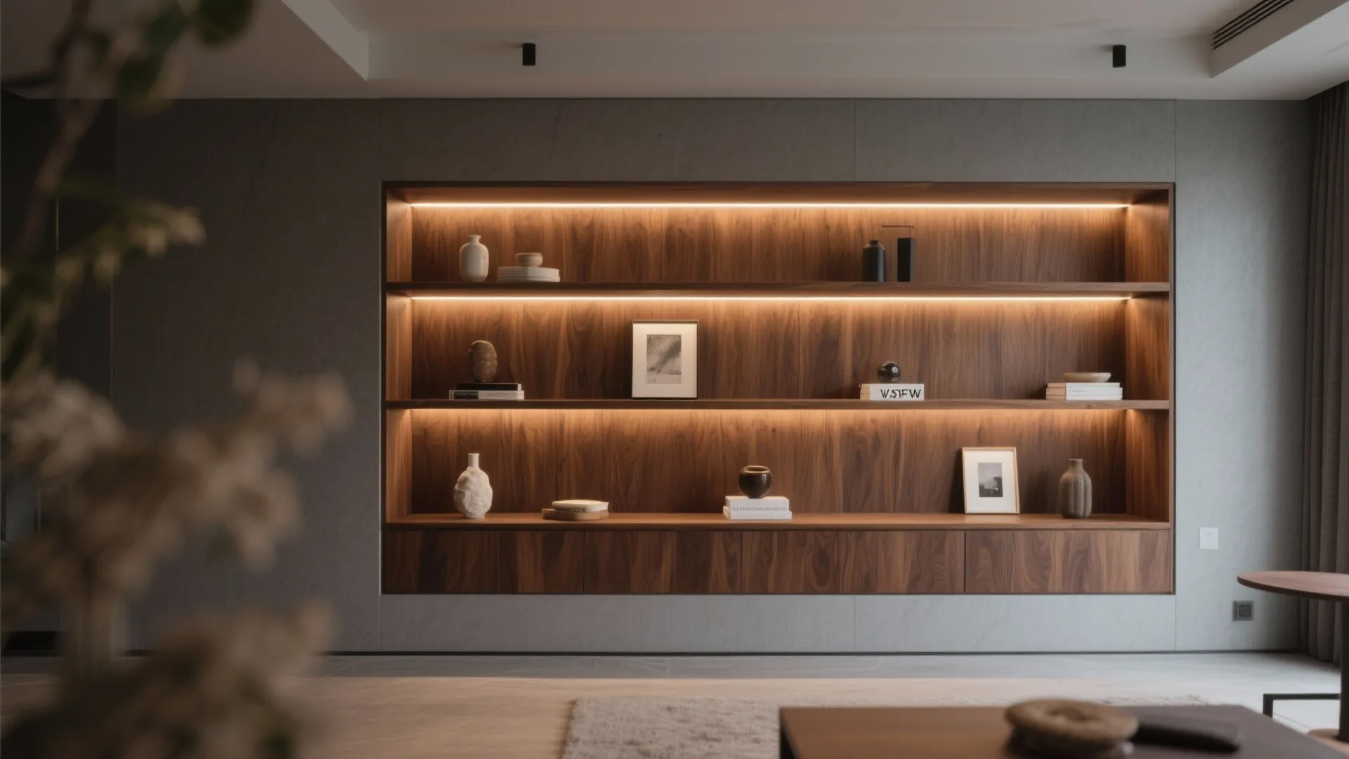 8. Built-In Shelving with Soft LED Lighting