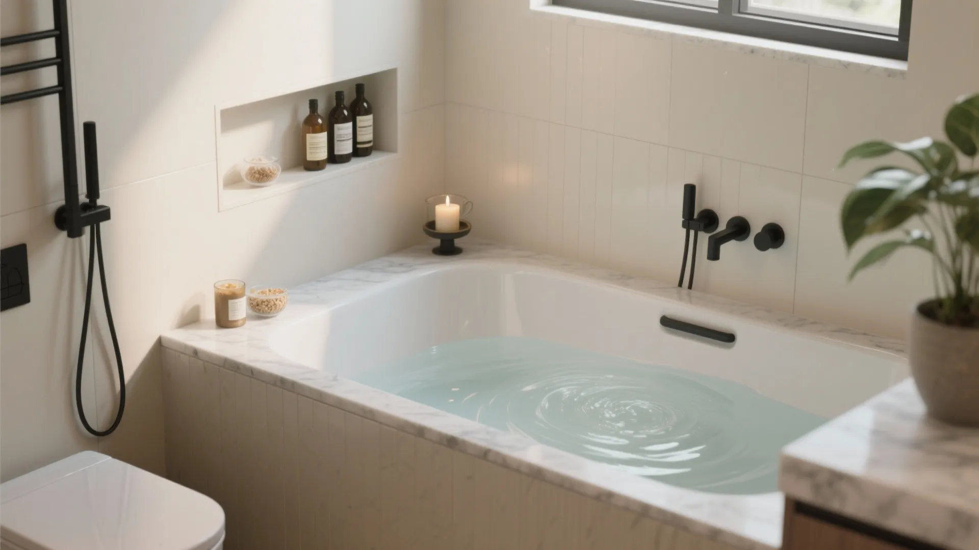 Minimal, Built-In Storage Around the Tub
