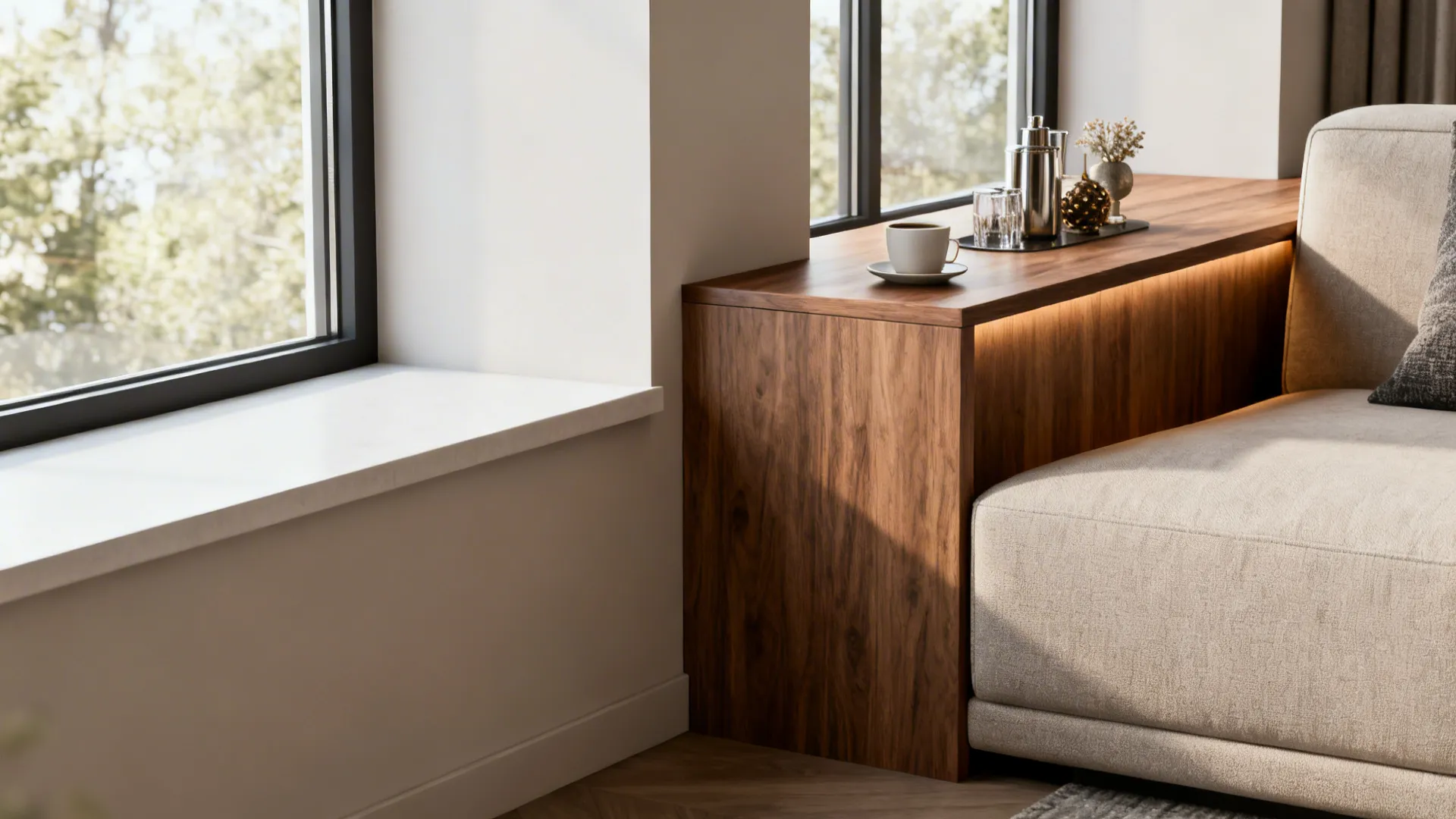 Modern wood side table placed next to a beige sofa with warm light under table
