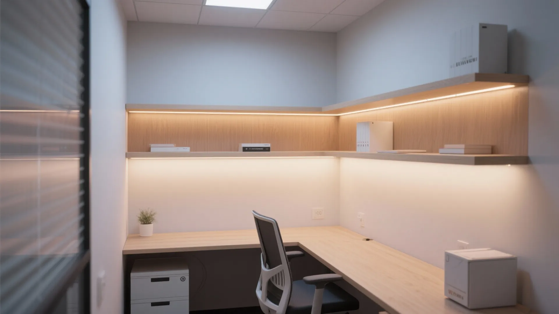 Small office with integrated under-shelf LED lighting