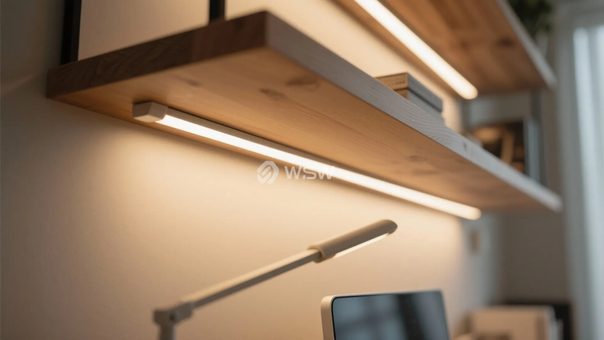 Wooden wall shelves with built in light strips above a desk with a white lamp
