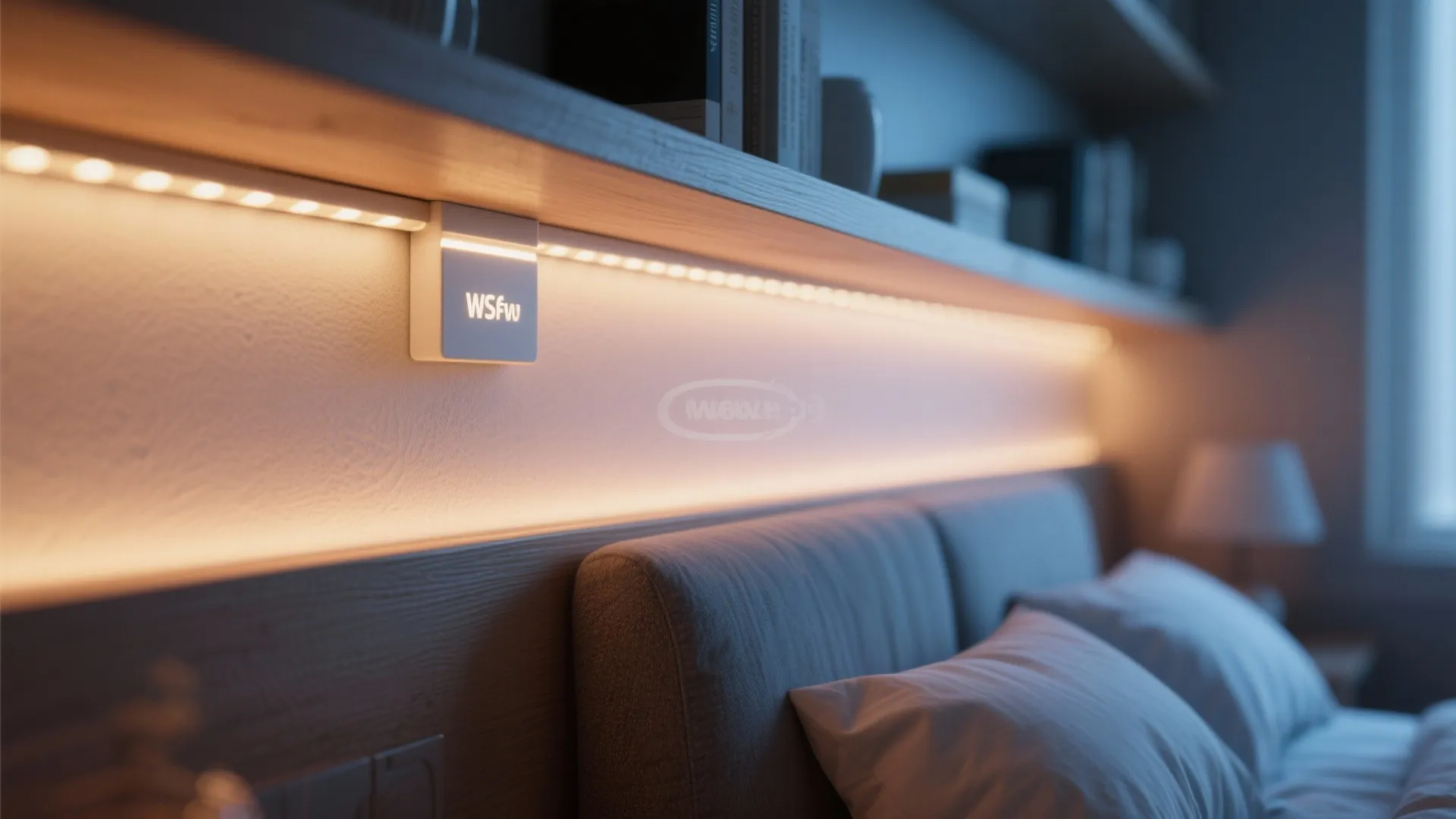 Wall-mounted led strip lighting under shelf in bedroom