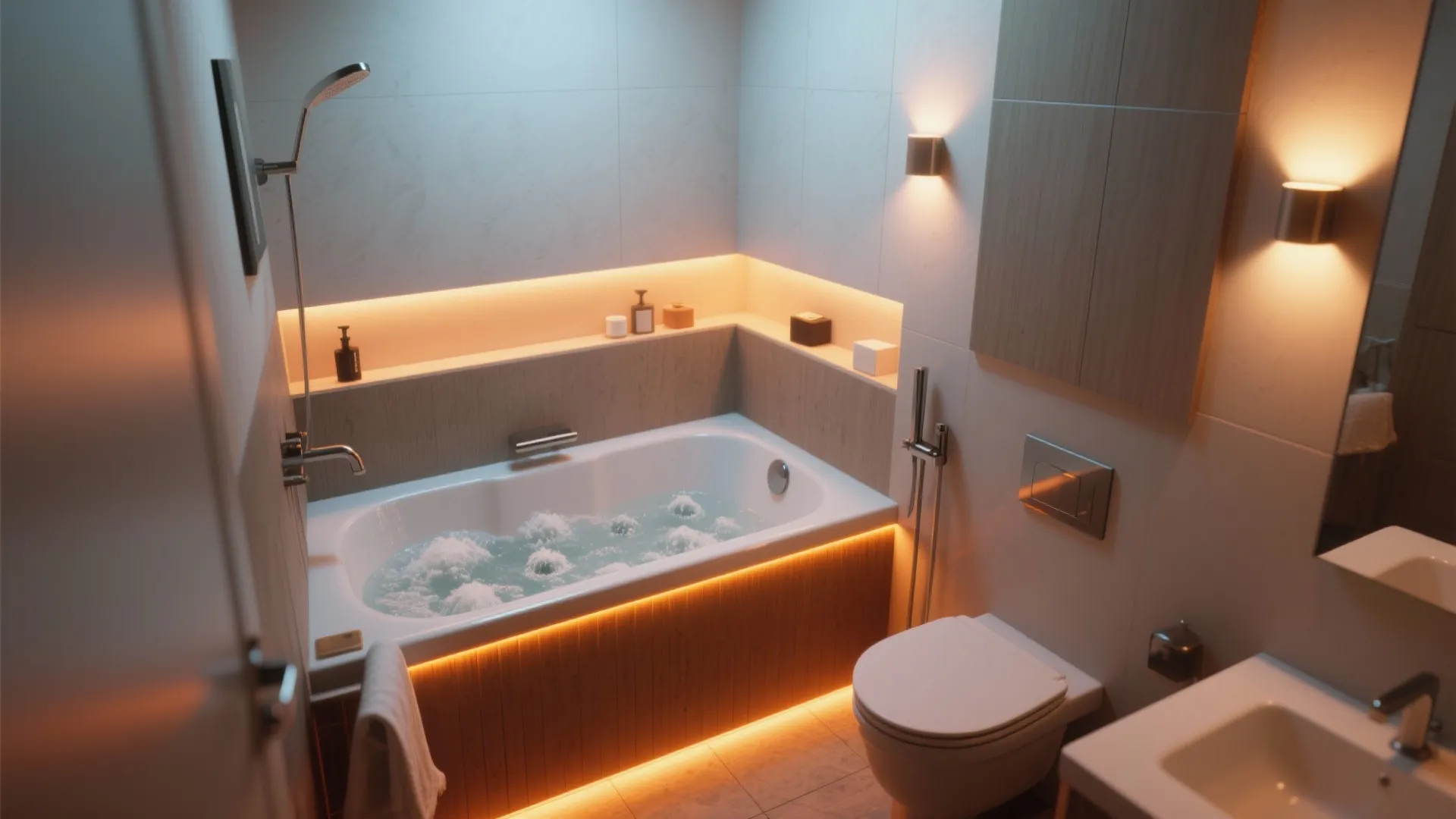Small luxury bathroom with warm light fixture around the bathtub and white toilet plus sink