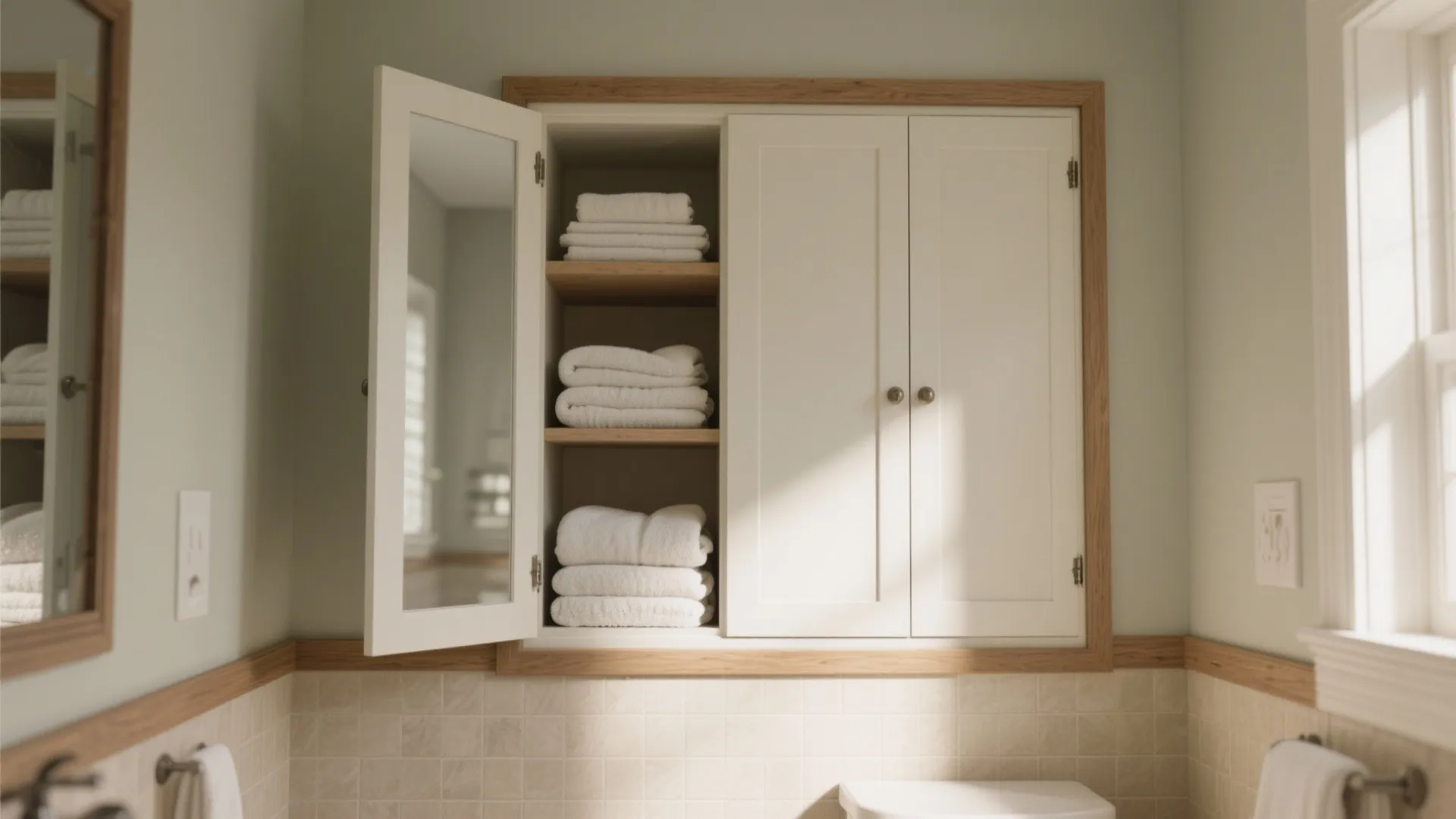 Built-in linen cabinet with mirrored doors in bathroom