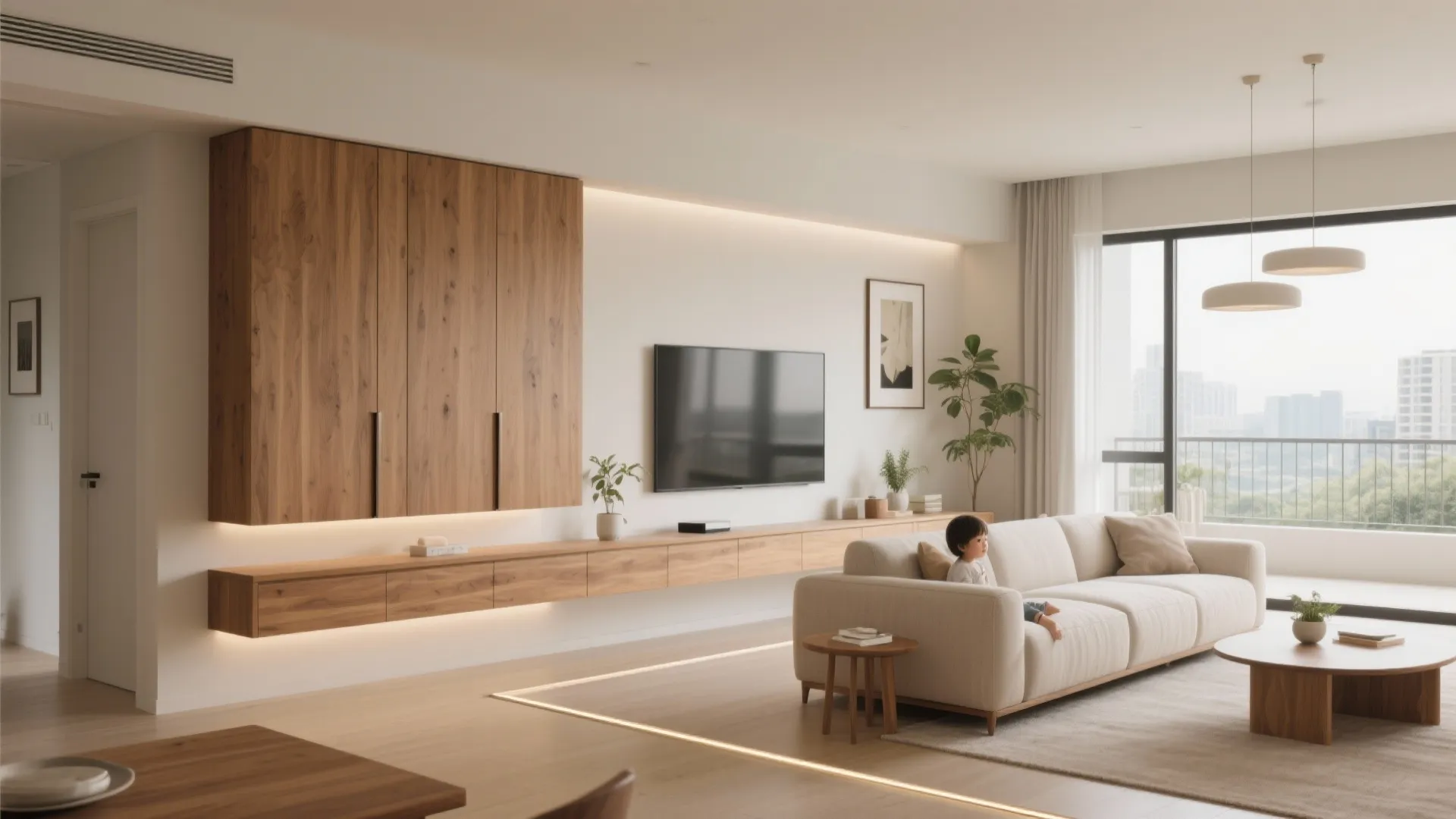 Minimal, Built-in Storage for a Calm Living-Dining