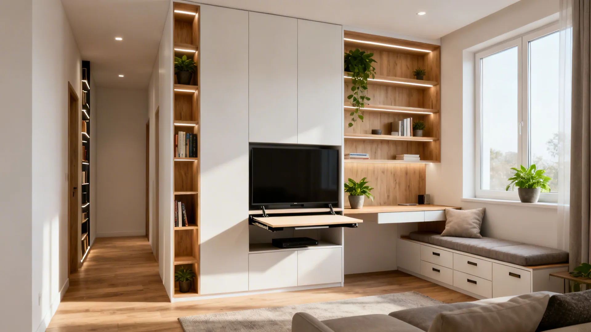 Large white wall cabinet featuring a television, pull out desk, wooden shelves, and window seating