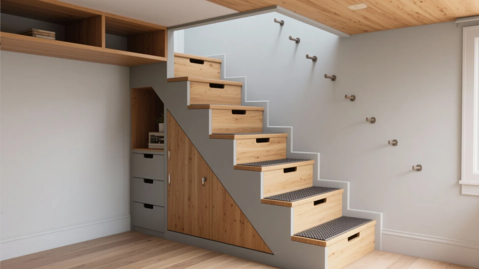 Built-in loft with compact storage stairs and optional wall pegs for climbing in warm wood tones.