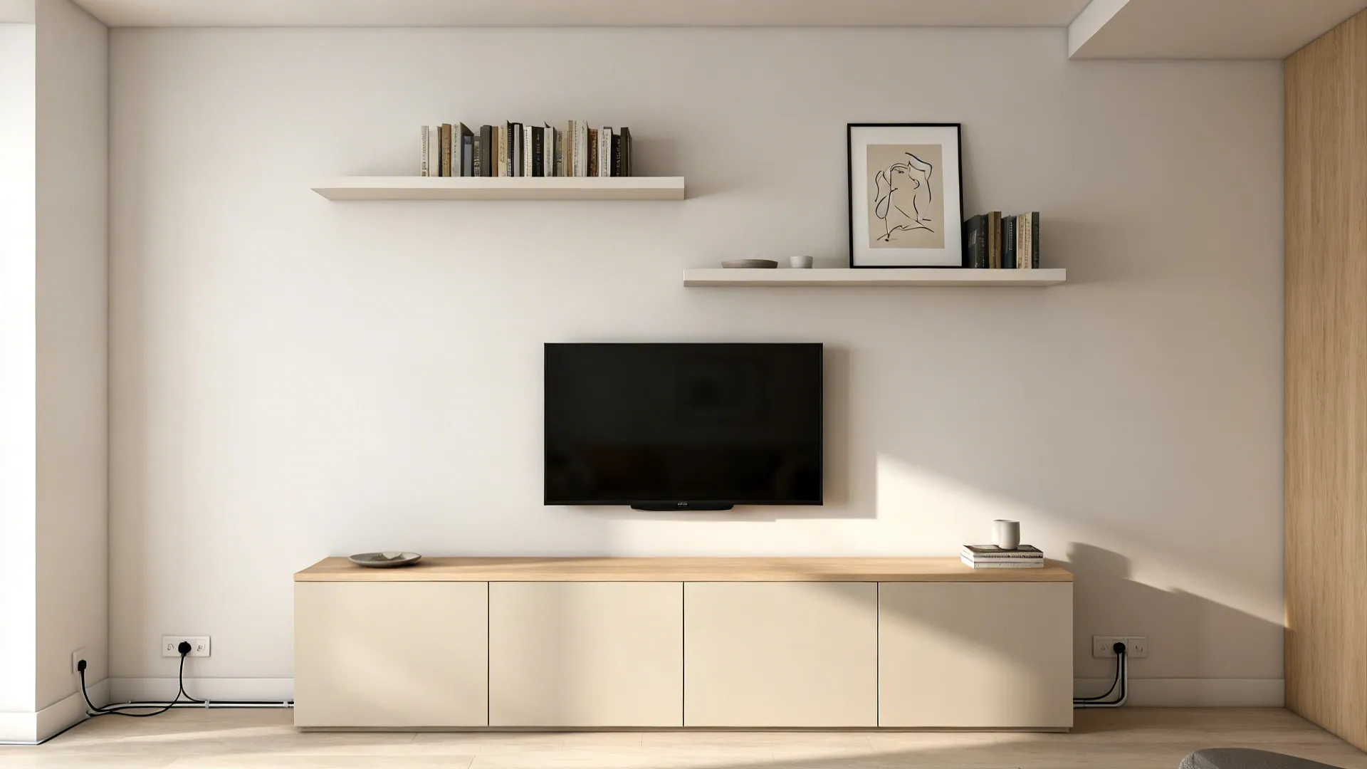 Low closed console with floating shelves creates a built-in look and hides clutter in a simple living room.