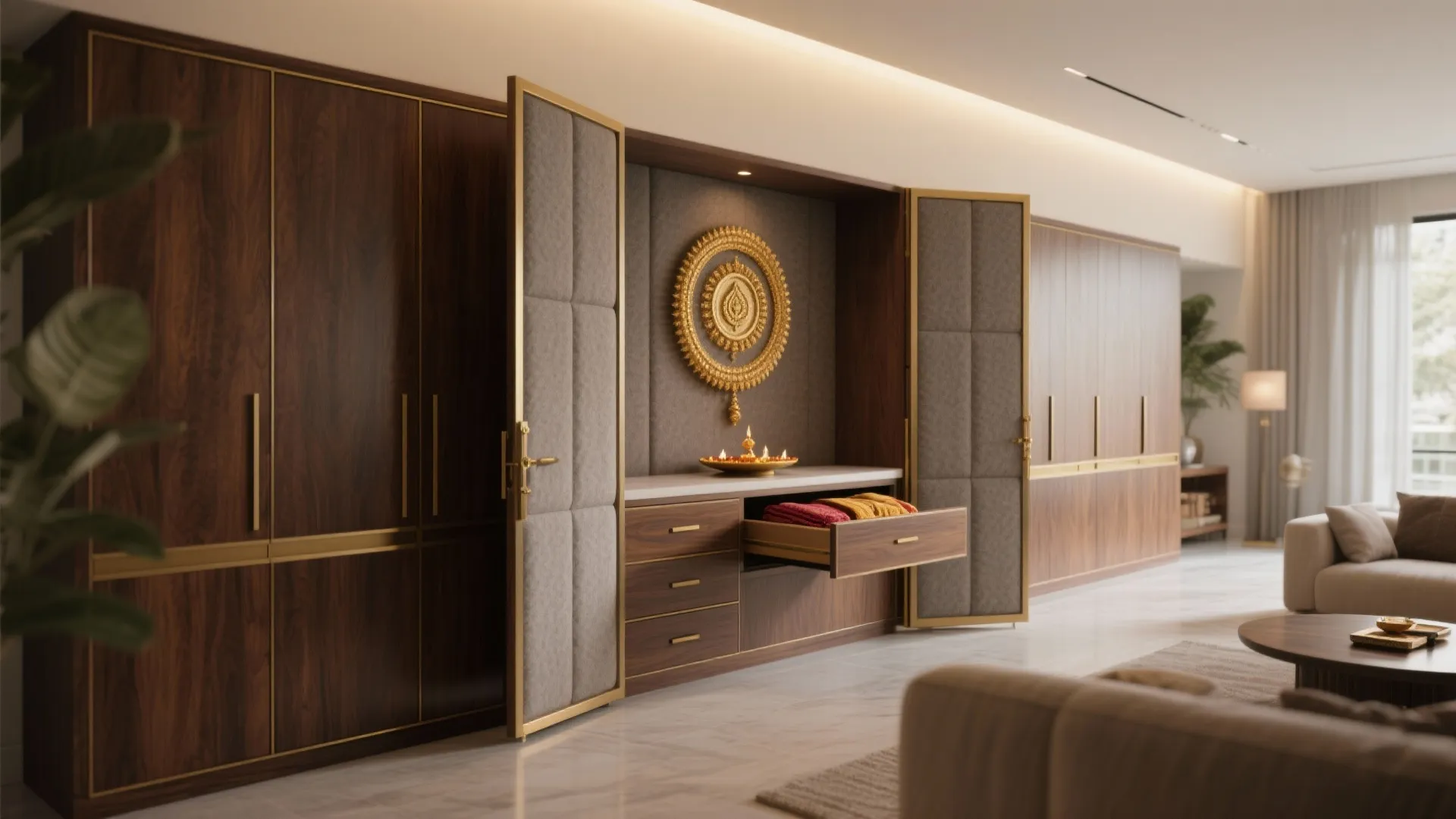 Integrated Mandir in a Living/Dining Cabinet Wall