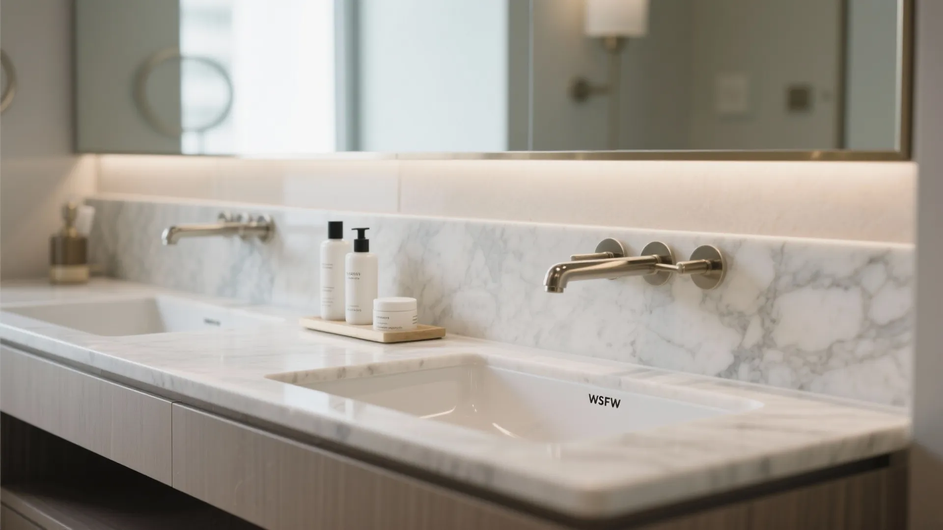Modern bathroom vanity with white marble countertop sinks wall mounted faucets and a large mirror
