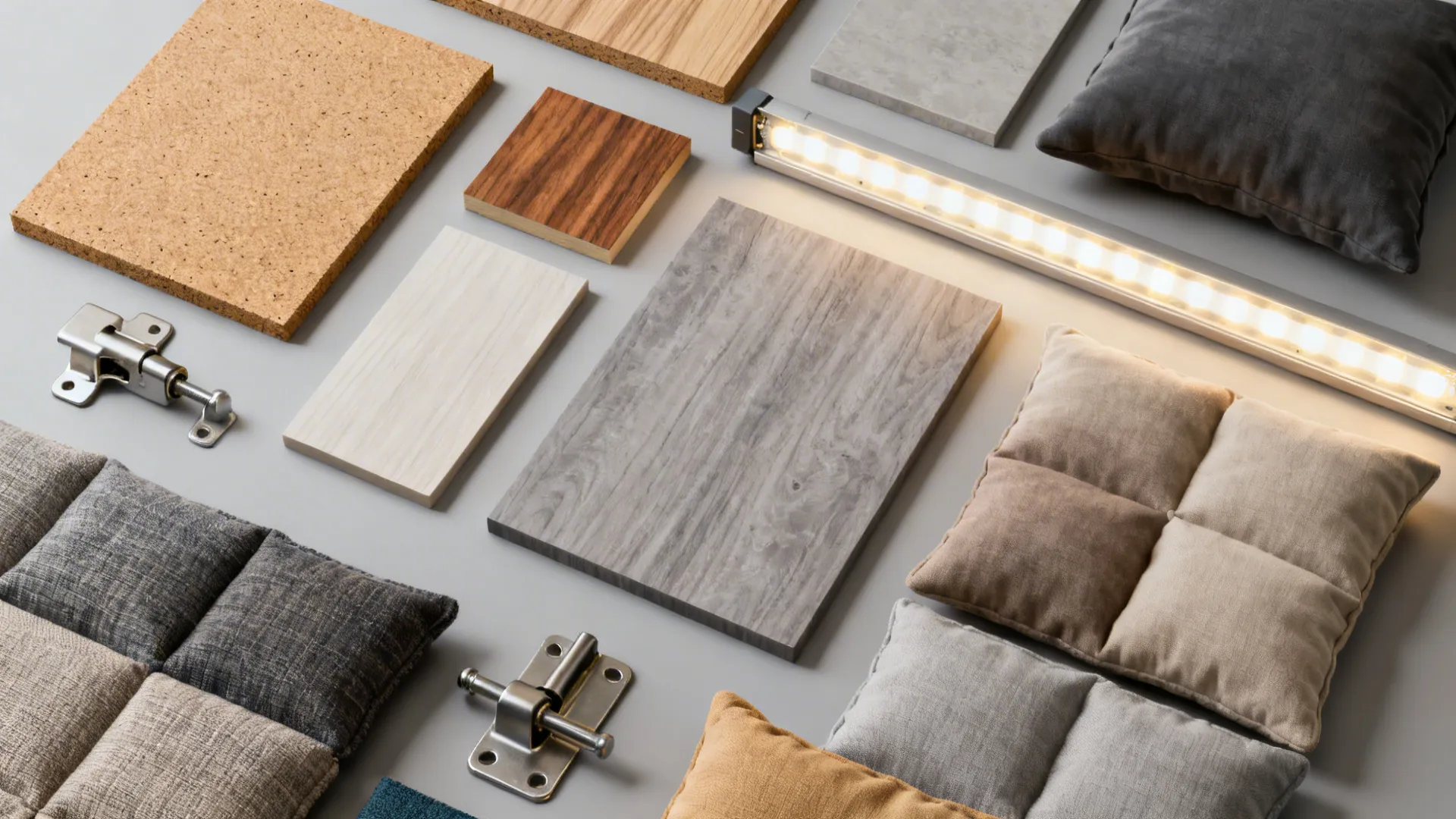 Flat lay collection of wood samples fabric cushions metal hinges and a glowing light fixture bar