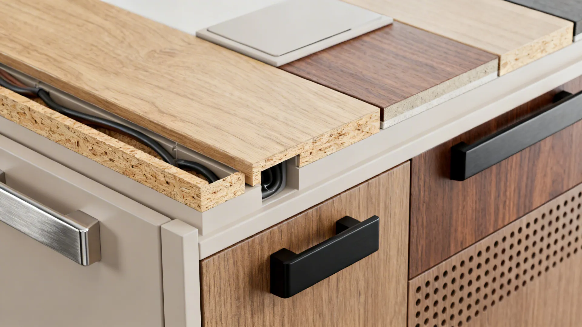Close-up of plywood, veneer samples, cable chases and ventilation details for built-ins.