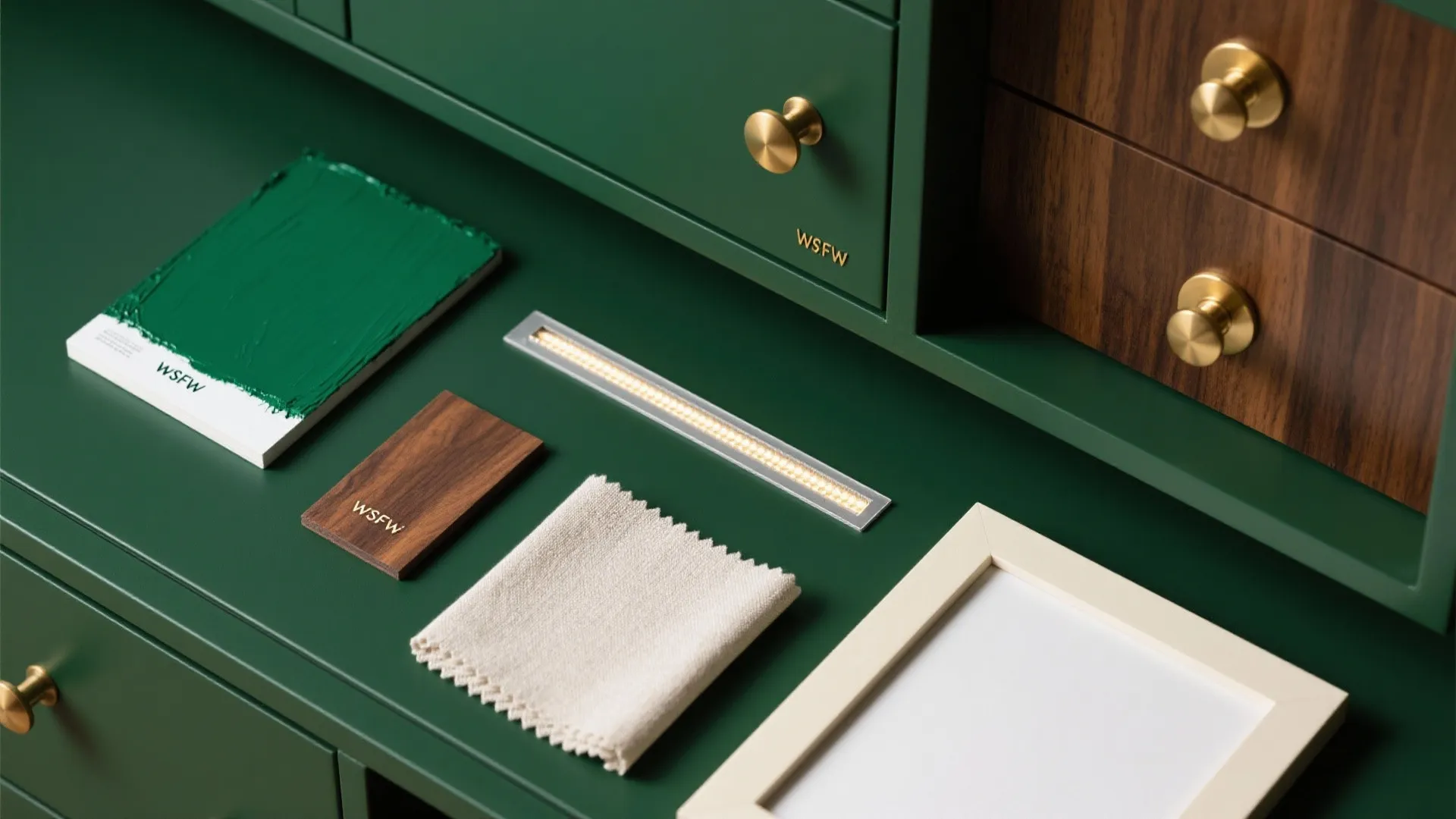 Material samples including green paint and wood on green cabinet with gold handles and light