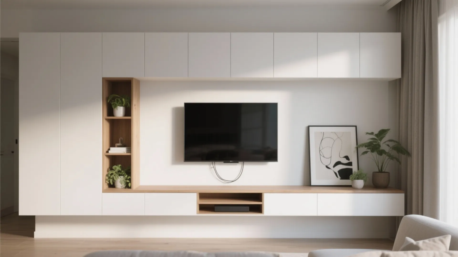 White wall cabinet with a flat screen television wood shelves green plants and a curtain