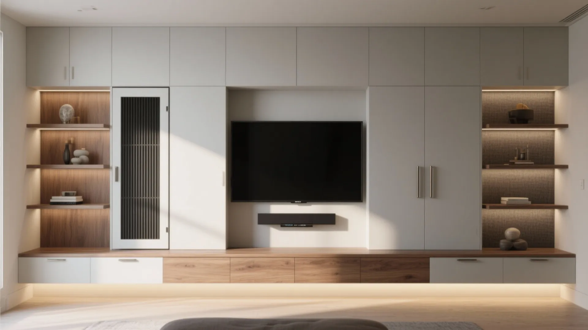 Built-In Media Wall with Niches and Pocket Doors