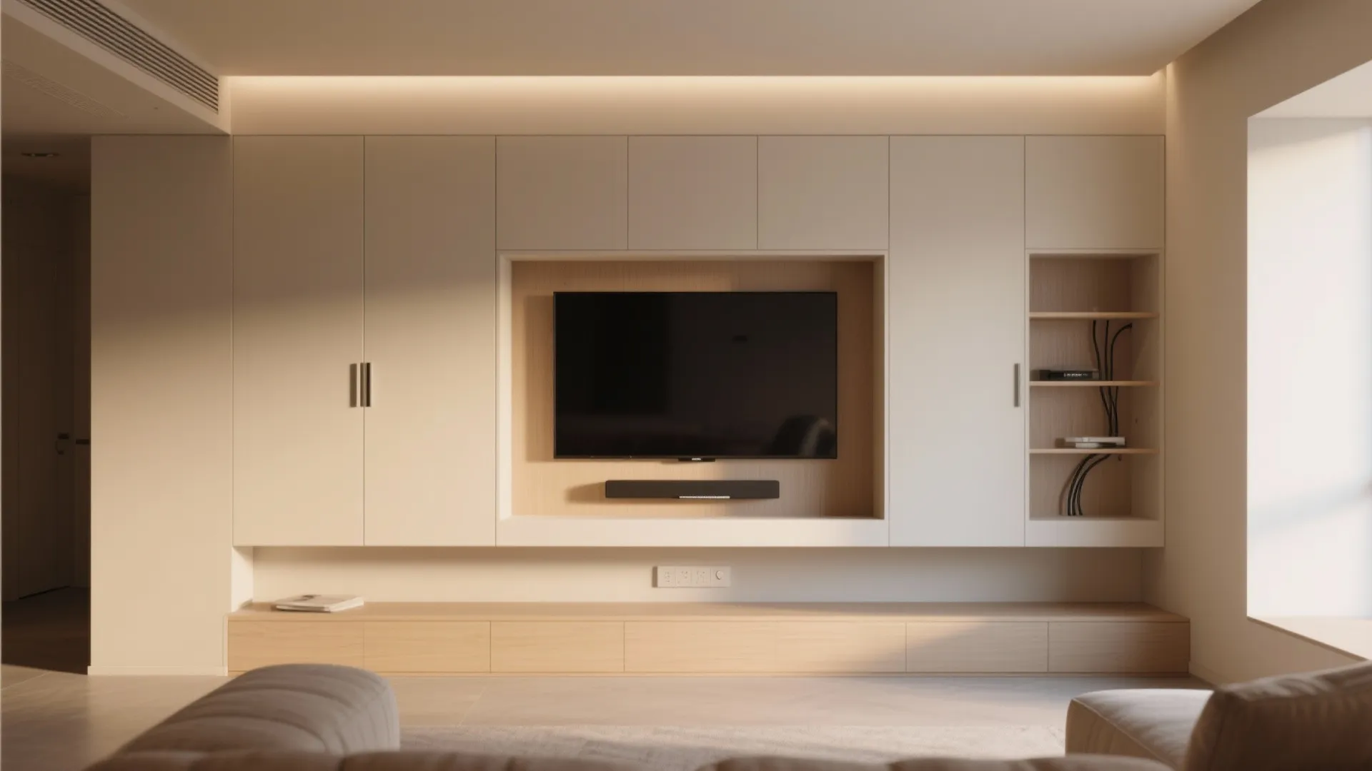 Modern living room wall with white cabinets built around a television and a wood shelf