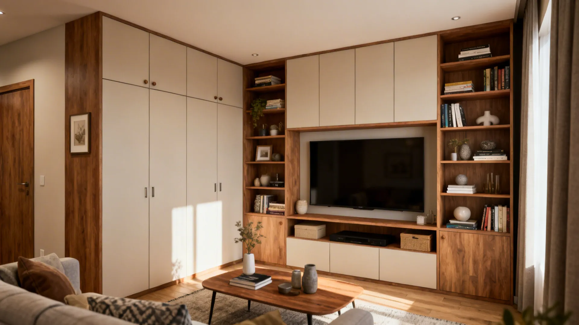 Compact living room with built-in cabinetry and media surround for storage and display