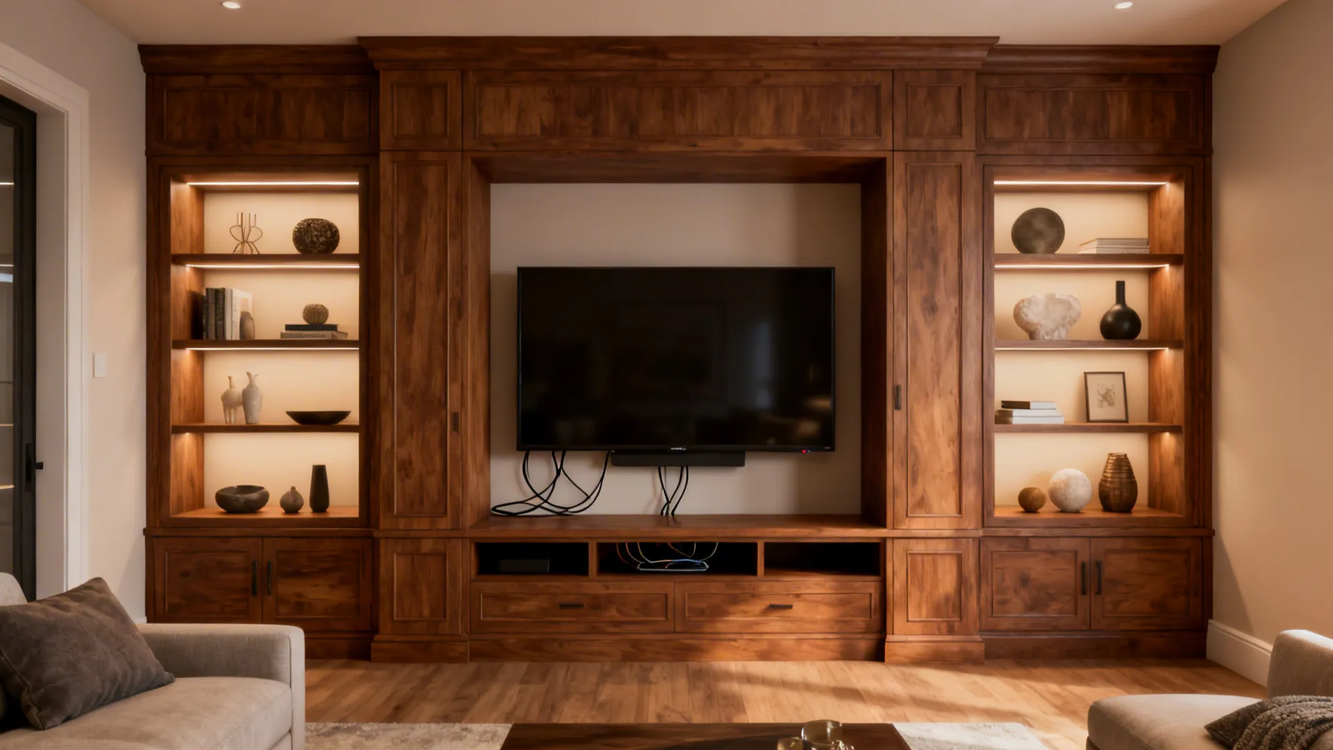 Custom built-in cabinetry and integrated media center framing a TV with hidden storage.