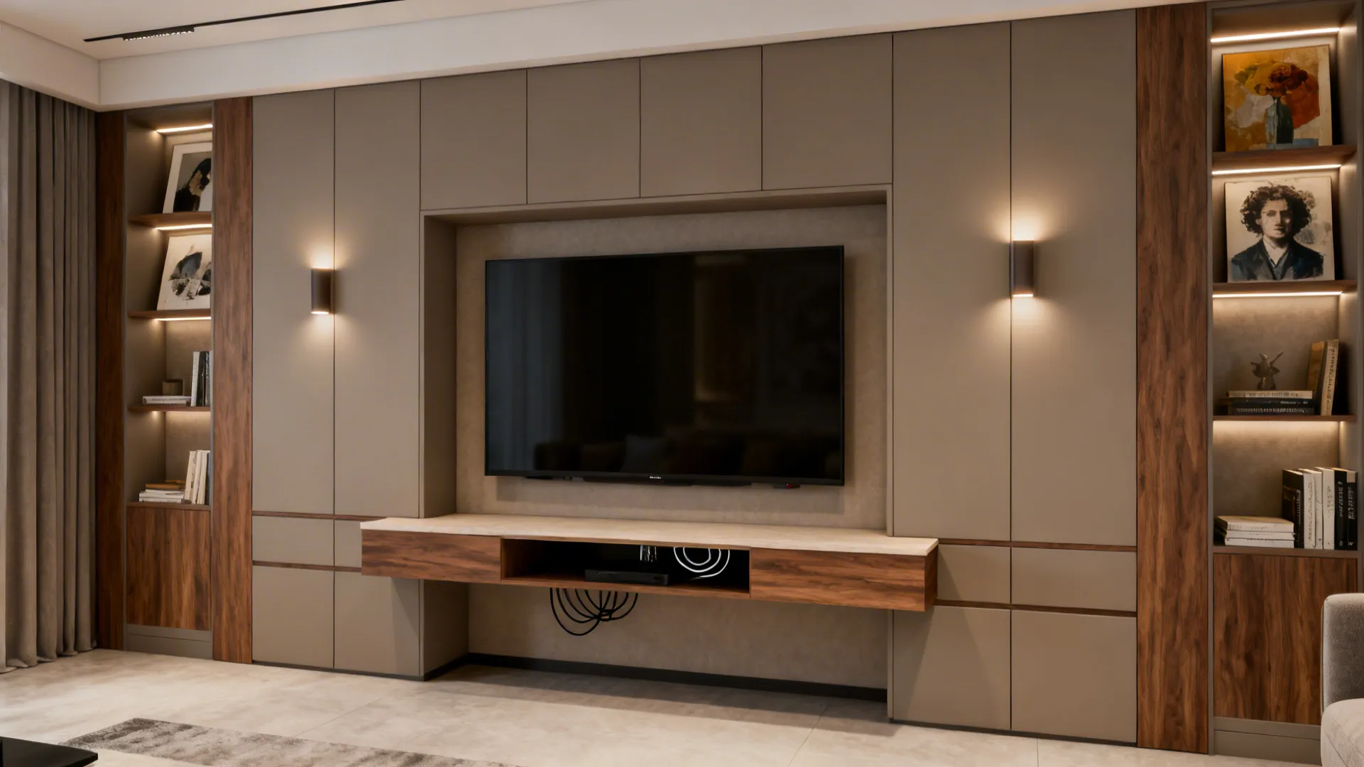 Custom built-in media wall with recessed TV, cabinets and concealed storage for a clean living room look.