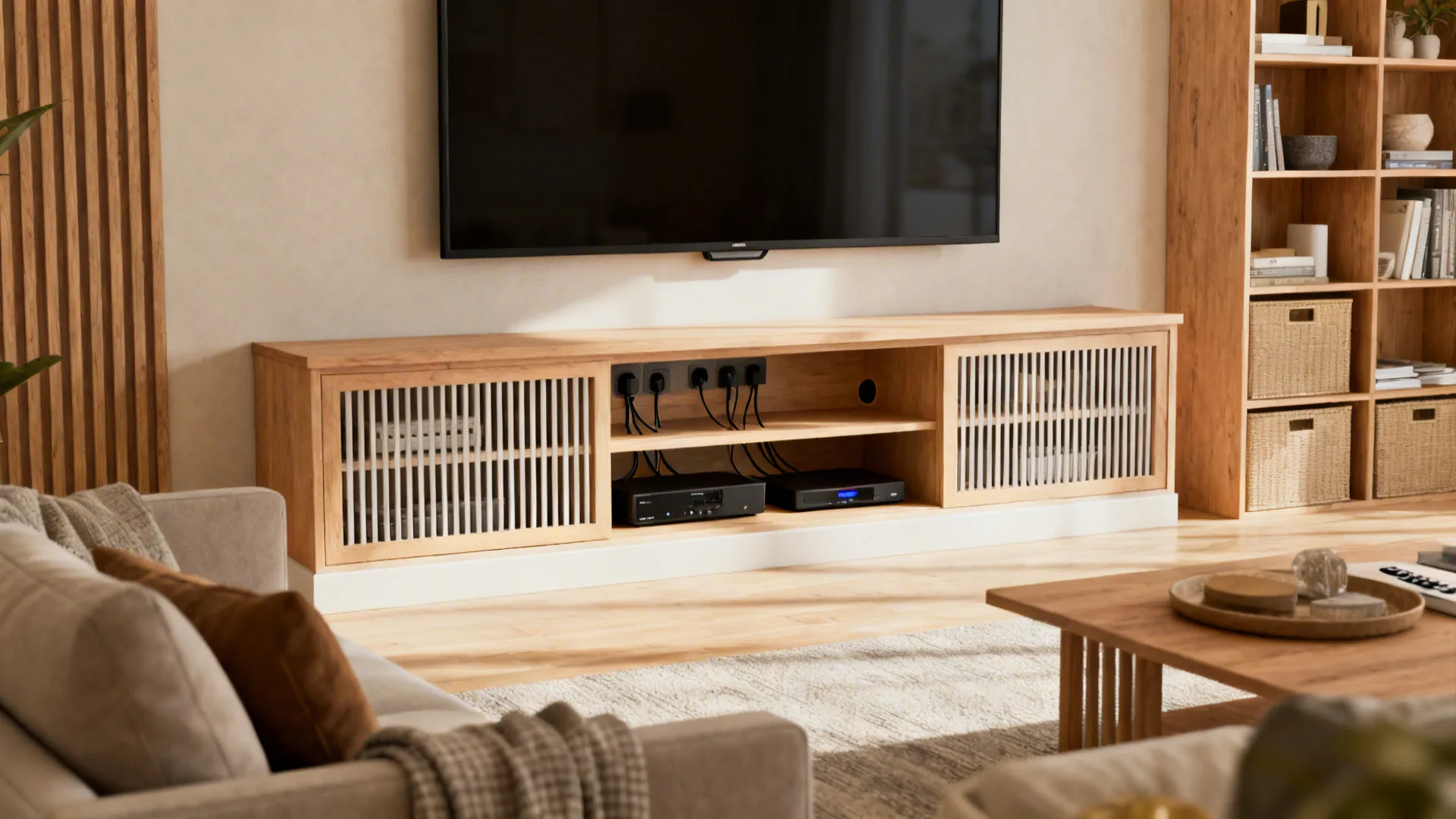 Shallow built-in media cabinet beneath a wall-mounted TV hiding cables and devices