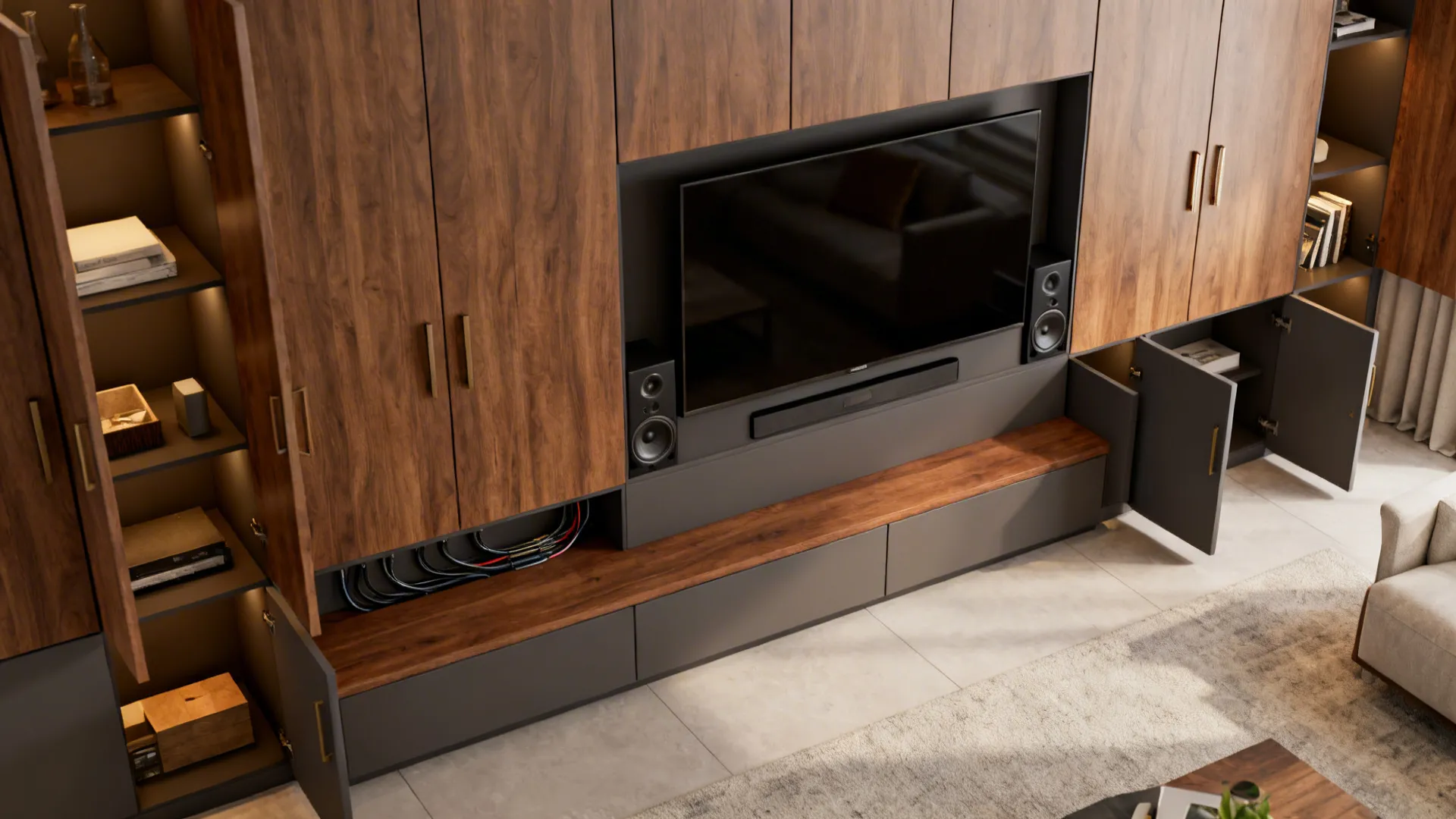 Modern wooden media cabinet with a large television speakers hidden wires and multiple storage compartments