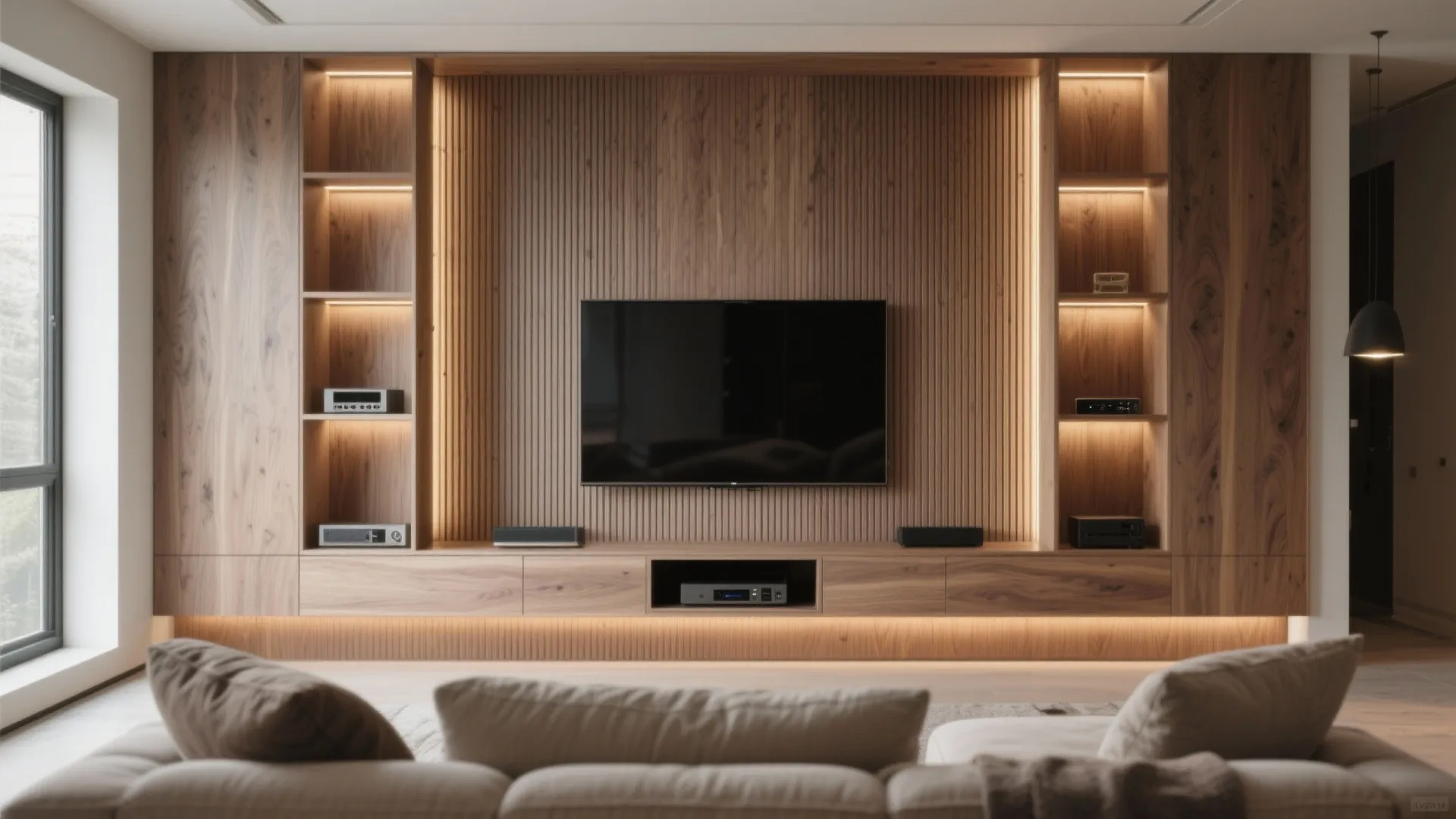 Built-in media wall with fluted panels and niche lighting