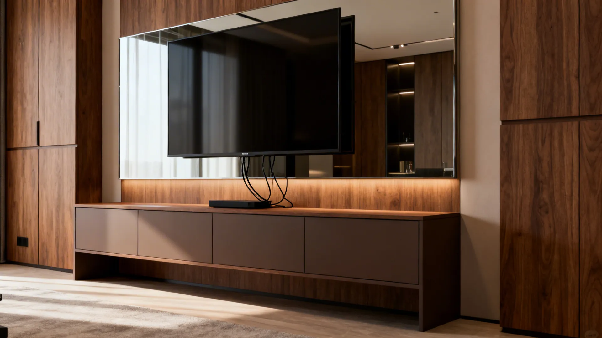 Built-in media console with an integrated mirror panel behind a TV for depth and concealed cords.