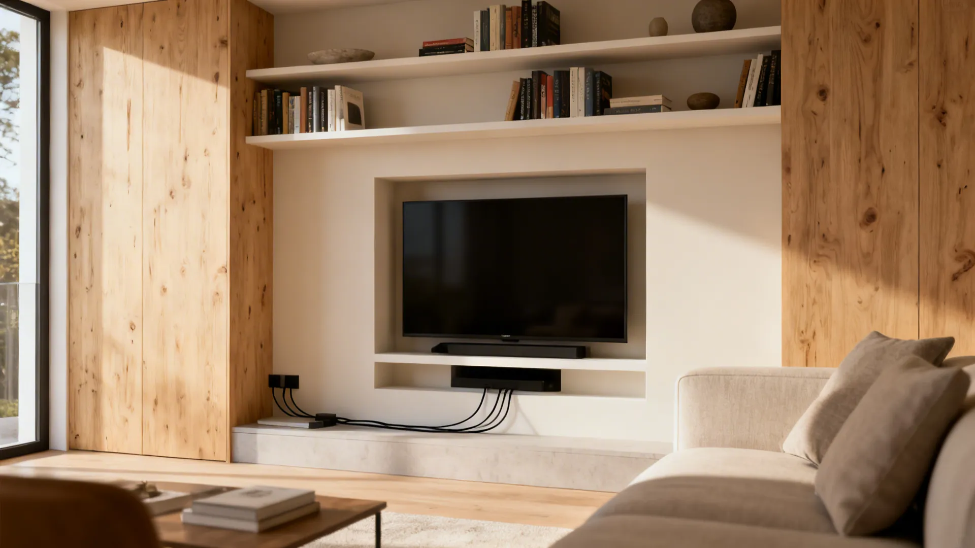 1. Built-in Media Wall with Floating Shelves
