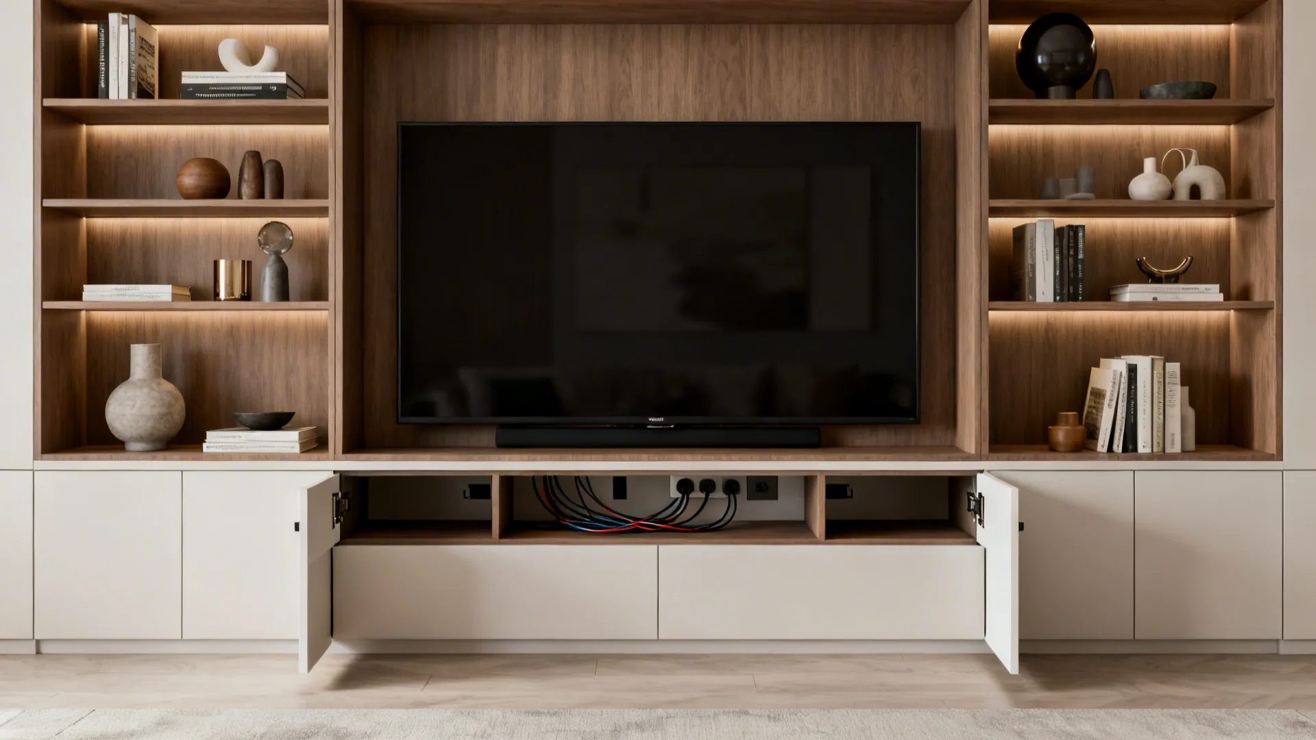 Built-in media wall with shelving and concealed storage around a wall-mounted TV.