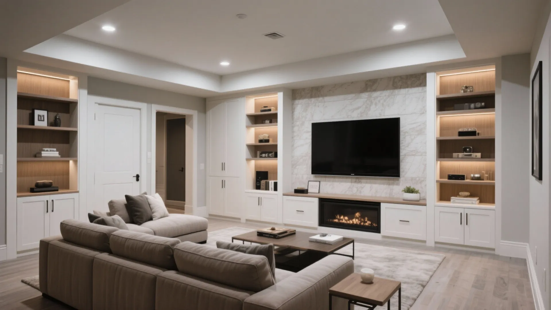 Basement with built-in media wall and clean design