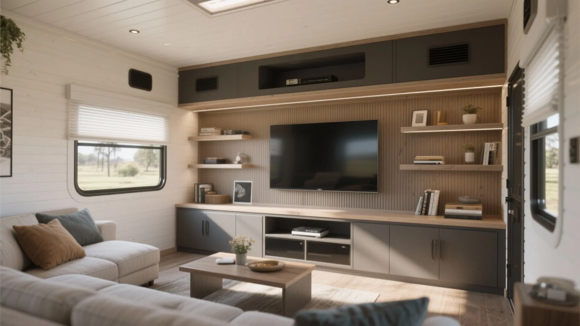 Modern living room with wall mounted television wooden wall panels grey cabinets and a sofa