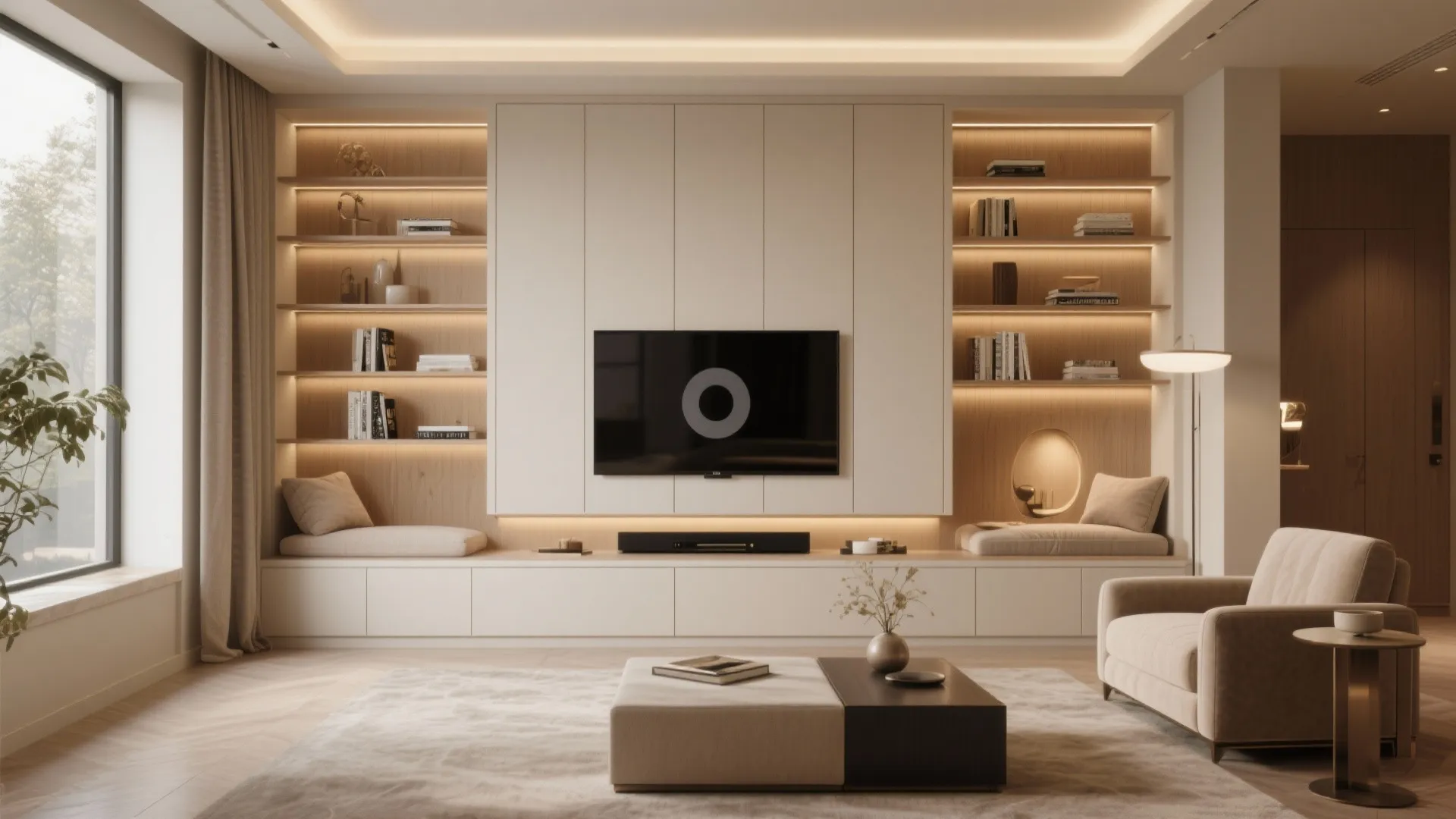 Built-in media wall with storage, shelves, and integrated TV