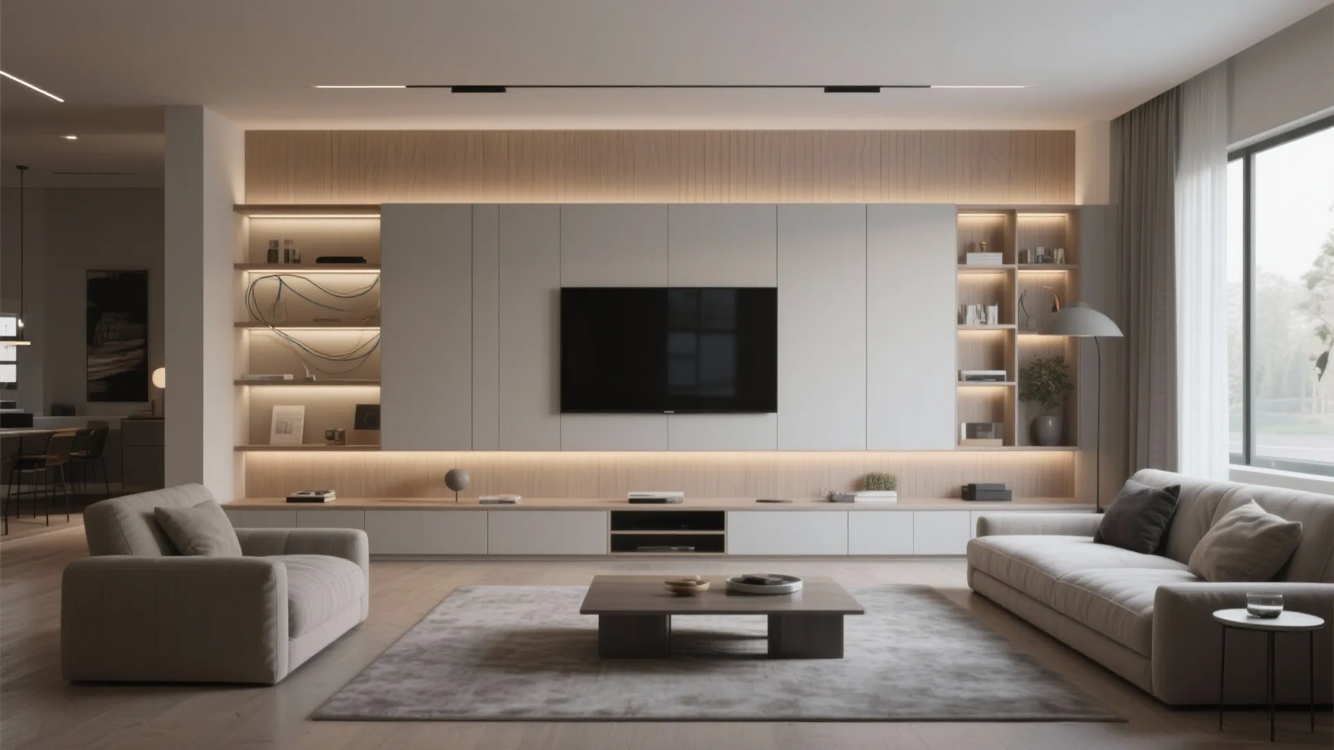Modern living room featuring built-in media wall with television, light fixture, sofa, and wooden cabinets