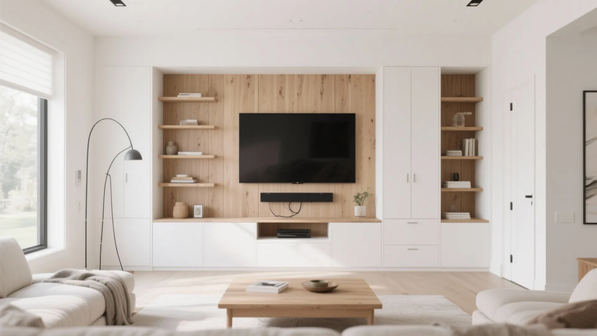 Modern living room featuring white wall panel cabinets and wooden shelves around a large television