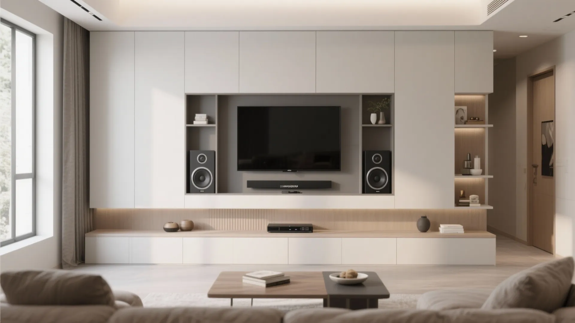 Living room with white wall cabinet housing a television speakers and wooden storage shelf display