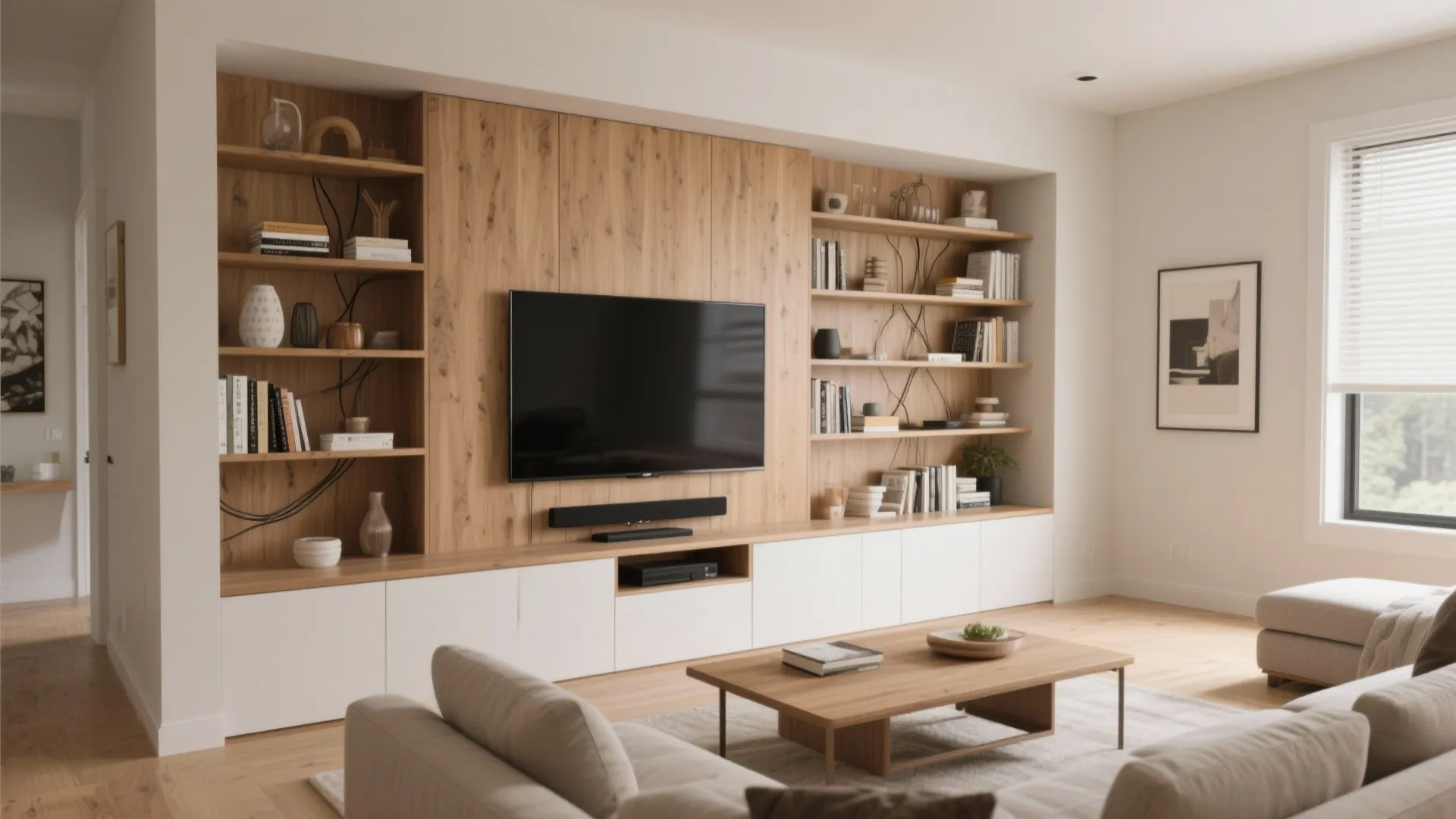 Large wooden wall cabinet with built in television and shelves in a modern living room