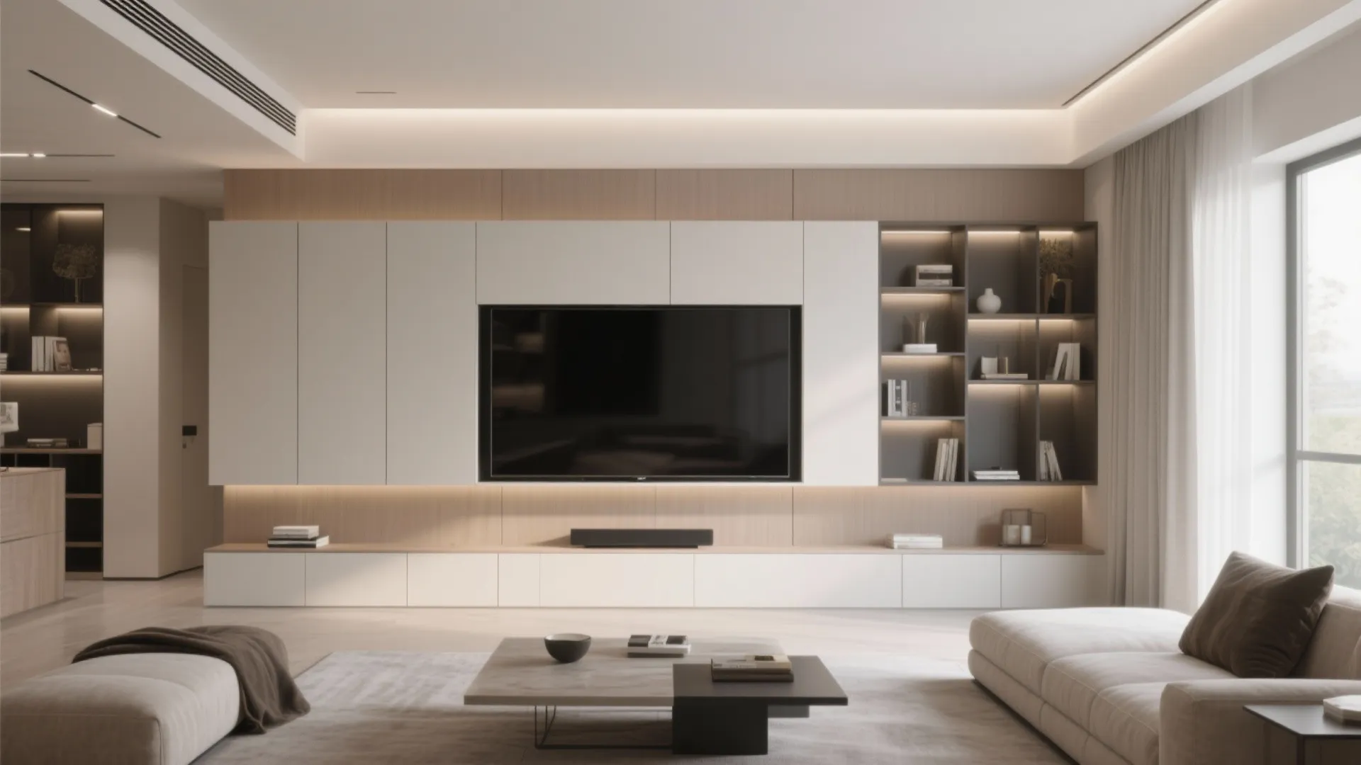 Modern living room featuring large built-in white media wall with television and integrated shelving units