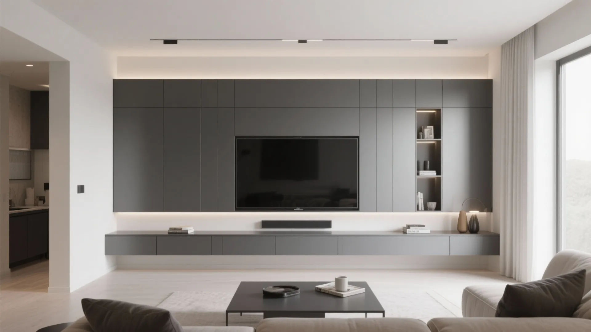 Modern living room with grey wall cabinet, television, floating shelf, low coffee table, and sofa