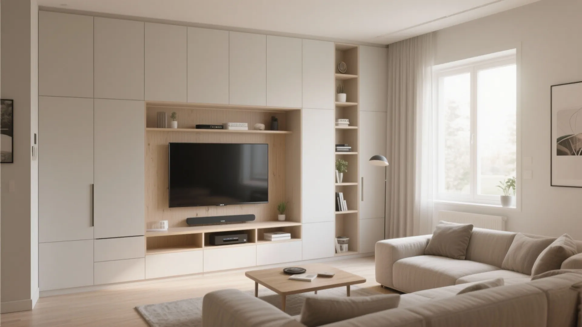 Minimalist living room with a large white cabinet wall and integrated television and open shelving
